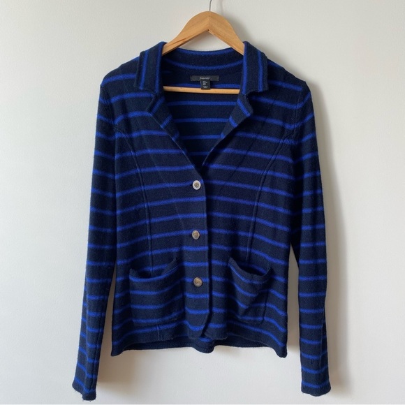 Tahari Sweaters - Tahari Merino Wool Blend Black & Blue Stripes Long Sleeves Button Up Cardigan